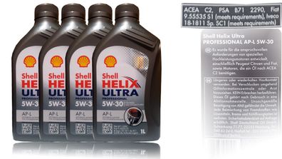 Shell Helix Ultra Professional AP-L 5W 30 ACEA C2; PSA B71 2290. Fiat 4x1 Liter