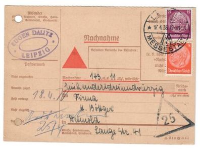 Deutsches Reich, Nachnahme-Karte, Hindenburg, MiF, Stempel Leipzig Messestadt