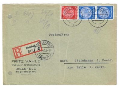 Deutsches Reich, Hindenburg-Medaillon, MiF, R-Brief, als Postauftrag