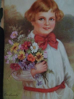 sehr altes Künstlerbild hinter Glas AK? Else Luedecke Kind mit Blumen