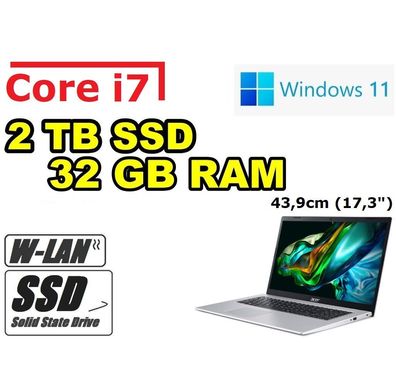 Acer Notebook Quad Core i7 2TB SSD 32GB RAM 17,3" WLAN Office Windows11