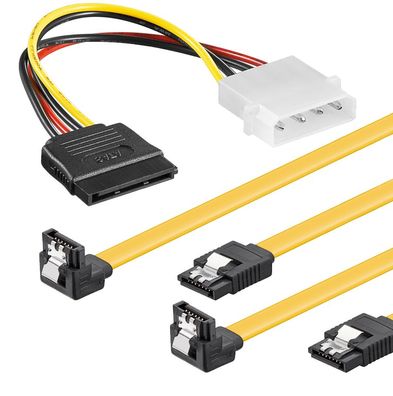 baytronic SATA Kabel Set mit Verriegelung gewinkelt + 4 Pin Stromadapter 2x 0,5 m