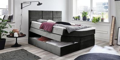 Graue schicke Doppelschlafzimmer Holzmöbel Design elegante Polsterung Stoff