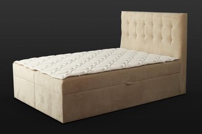Chesterfield Bett beige Schlafzimmer Holzmöbel Design elegant Polsterung Stoff