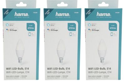 3x Hama Wifi LED-Lampe C37 E14 5,5W 470lm Kerze App-Steuerung Alexa und Google