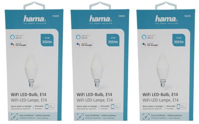 3x Hama Wifi LED-Lampe C37 E14 4,5W 25W Kerze App-Steuerung Alexa und Google