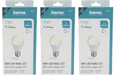 3x Hama WLAN LED-Lampe E27 10W 806lm Birne App-Steuerung Alexa Google