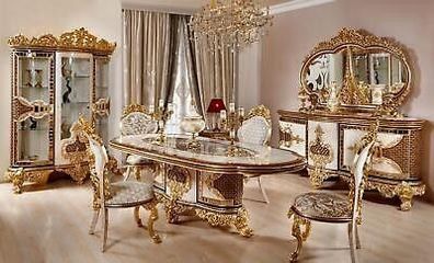 Luxuriöses Esszimmer Set Weiß-Gold Esstisch 4x Stühle Kommode 6tlg Möbel