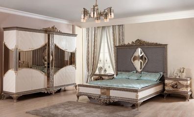 Weiß-Goldene Schlafzimmer Garnitur Doppelbett 2x Nachttische Schrank Set Bett