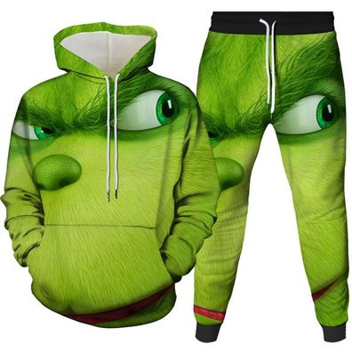 2tlg Teenager Hoodie Jogginghose Set 3D Druck Grinch Kapuzenpullover Hose Sweatshirt