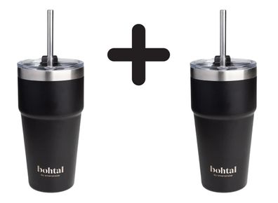 2 x Bohtal Double Insulated Travel Mug with Straw, Black - 600ml.