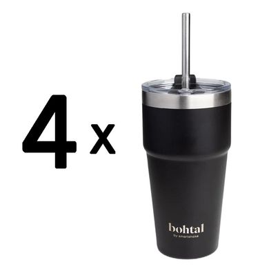 4 x Bohtal Double Insulated Travel Mug with Straw, Black - 600ml.