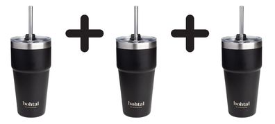3 x Bohtal Double Insulated Travel Mug with Straw, Black - 600ml.