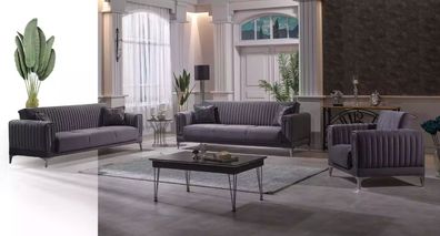 Moderne Graue Couchgarnitur 3 + 3 + 1 Sitzer Samt Sessel Wohnzimmer Möbel