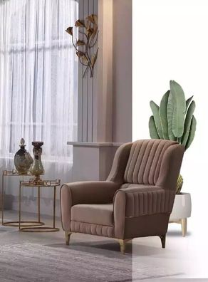 Brauner Textil Sessel Luxus Wohnzimmer Einsitzer Holzgestell Modern Neu