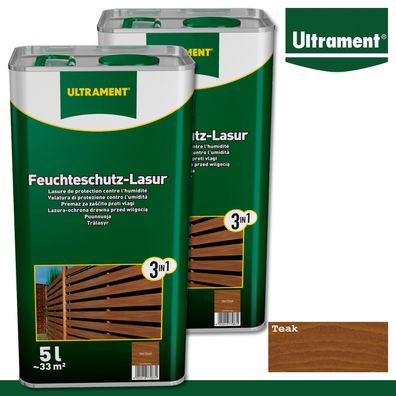 Ultrament 2 x 5 l Feuchteschutz Lasur 3in1 Holzlasur für Pergola Zaun Tor Teak
