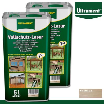 Ultrament 2 x 5 l Vollschutz Lasur 7in1 Holzschutz Holzlasur für Außen Farblos
