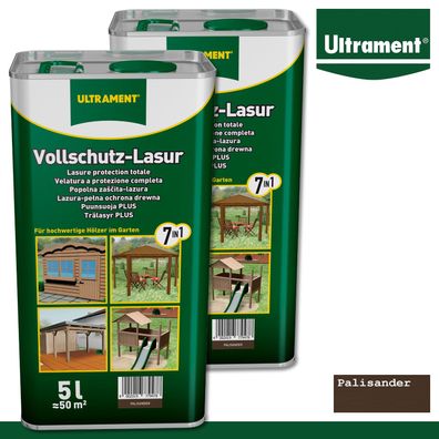Ultrament 2x 5 l Vollschutz Lasur 7in1 Holzschutz Holzlasur für Außen Palisander