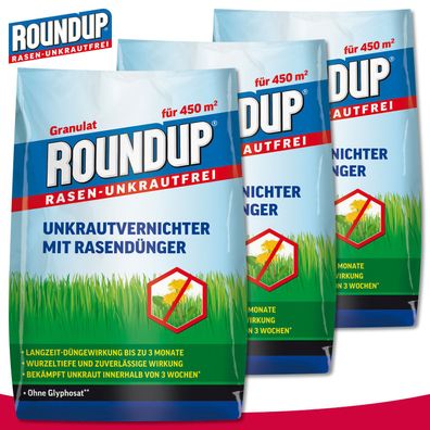Roundup 3 x 9 kg Rasen-Unkrautfrei Unkrautvernichter mit Rasendünger