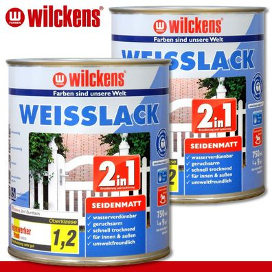 Wilckens 2 x 750 ml Weisslack 2in1 seidenmatt Grundierung Holzlack Pflege Garten