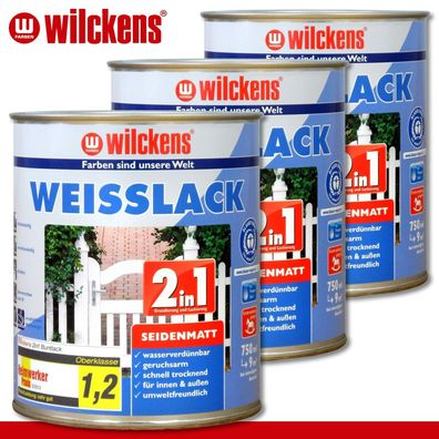 Wilckens 3 x 750 ml Weisslack 2in1 seidenmatt Grundierung Innenbereich Holz Zaun