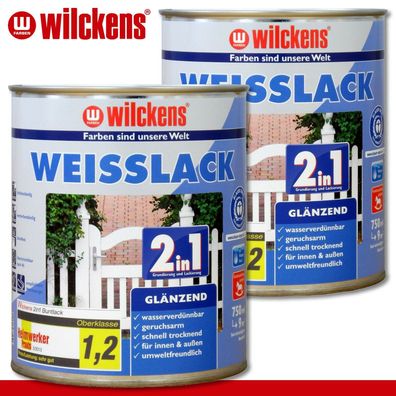Wilckens 2 x 750 ml Weisslack 2in1 glänzend Grundierung Holz Pflege Farbe Haus