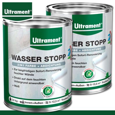 Ultrament 2x 2,5kg Wasser Stopp 2in1 Farbe + Abdichtung Spezialfarbe wasserdicht
