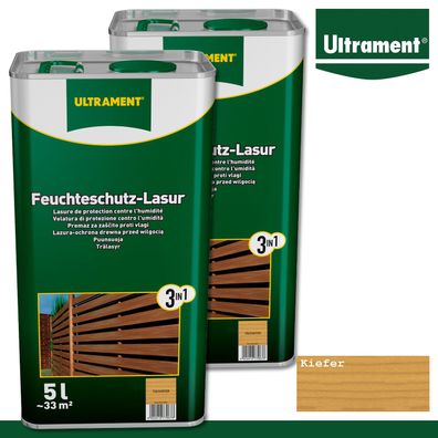 Ultrament 2 x 5 l Feuchteschutz Lasur 3in1 Holzlasur für Pergola Zaun Tor Kiefer