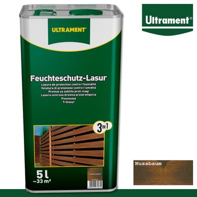 Ultrament 5 l Feuchteschutz Lasur 3in1 Holzlasur für Pergola Zaun Tor Nussbaum