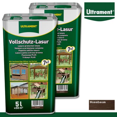 Ultrament 2 x 5 l Vollschutz Lasur 7in1 Holzschutz Holzlasur für Außen Nussbaum
