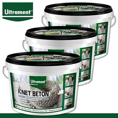 Ultrament 3 x 2,5 kg Knet Beton Modelliermasse Bastelbeton Kreativ Deko Hellgrau