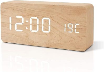 Moderne LED-Tischuhr aus Holz mit Sprach-Touch-Display fï¿½ï¿½r Zeit, Datum und Tempe