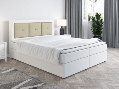 Boxspringbett Schlafzimmerbett MILES 140x200cm Weiss-Beige inkl. Bettkasten