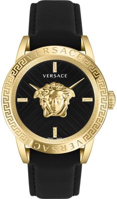 Versace VESN00422 V-Code Palazzo gold schwarz Leder Armband Uhr Herren NEU