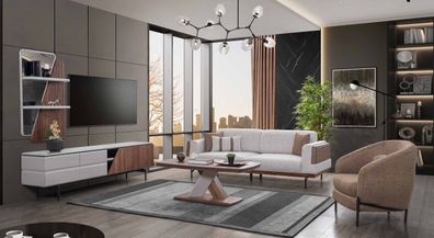 Modernes Wohnzimmer Set 3-Sitzer Couchtisch TV-Ständer Wandregal 5tlg