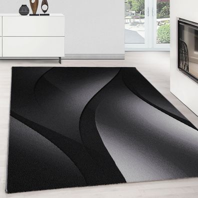 Designer Teppich Modern Kurzflor Abstrakt Wellen Muster Schwarz Grau Weiß