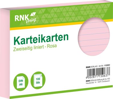 RNK Verlag 115063 Karteikarten - DIN A6, liniert, rosa, 100 Karten