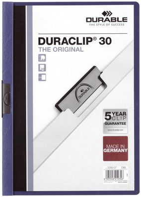 Durable 2200 07 Klemm-Mappe Duraclip® 30, DIN A4, dunkelblau