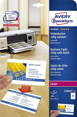 Avery Zweckform® C32016-10 Premium Visitenkarten 85 x 54 mm beidseitig beschichtet...