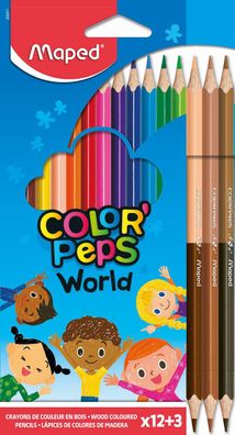 MAPED M832071 Farbstiftetui Color'Peps World - 12 Farben + 3 doppelseite Stifte