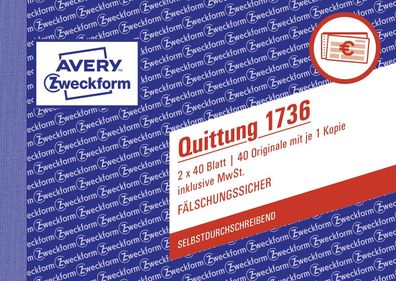 Avery Zweckform® 1736 Quittung inkl. MwSt. A6 quer MP SD fälschungssicher 2 x 40 ...