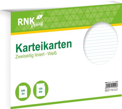 RNK Verlag 115040 Karteikarten DIN A4 liniert weiß 100 Karten