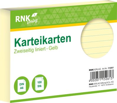 RNK Verlag 115061 Karteikarten - DIN A6, liniert, gelb, 100 Karten