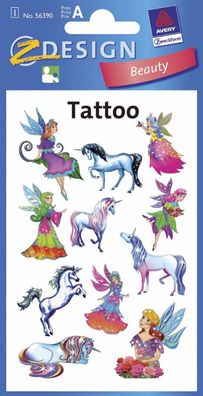 Avery Zweckform® 56390 Z-Design 56390, Kinder Tattoos, Elfen, Einhörner, 1 Bogen/1...