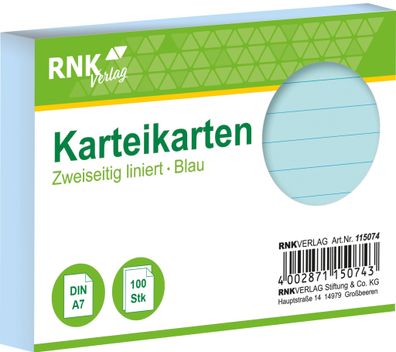 RNK Verlag 115074 Karteikarten - DIN A7, liniert, blau, 100 Karten