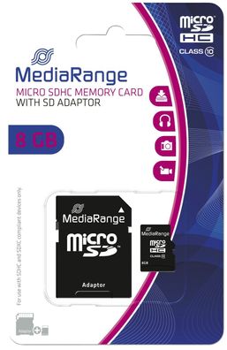 MediaRange MR957 Micro SDHC Speicherkarte 8GB Klasse 10 mit SD-Karten Adapter