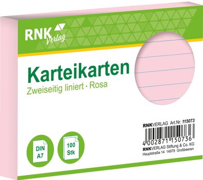 RNK Verlag 115073 Karteikarten - DIN A7, liniert, rosa, 100 Karten