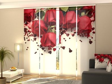 Foto-Schiebegardine rote Rosen und Herzen, Flächenvorhang mit Motiv, Gardine auf Maß