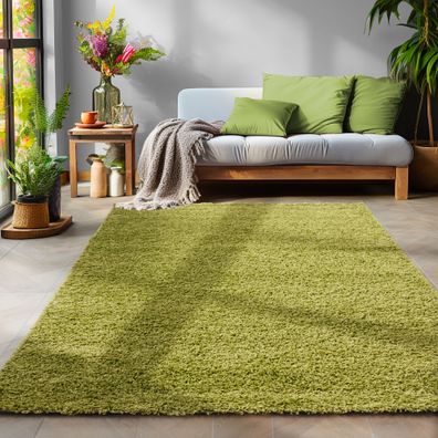 Shaggy Wohnzimmerteppich Hochflor Langflor Teppich Soft Farbe Grün Einfarbig
