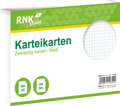 RNK Verlag 114850 Karteikarten - DIN A5, kariert, weiß, 100 Karten